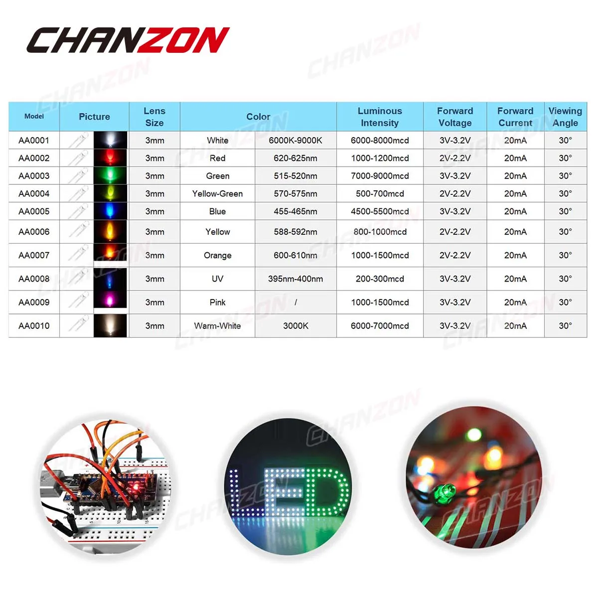 100pcs 3mm LED 다이오드 울트라 브라이트 따뜻한 화이트 레드 그린 블루 UV 퍼플 옐로우 오렌지 핑크 2V 3V 여러 가지 빛깔의 방출 구색