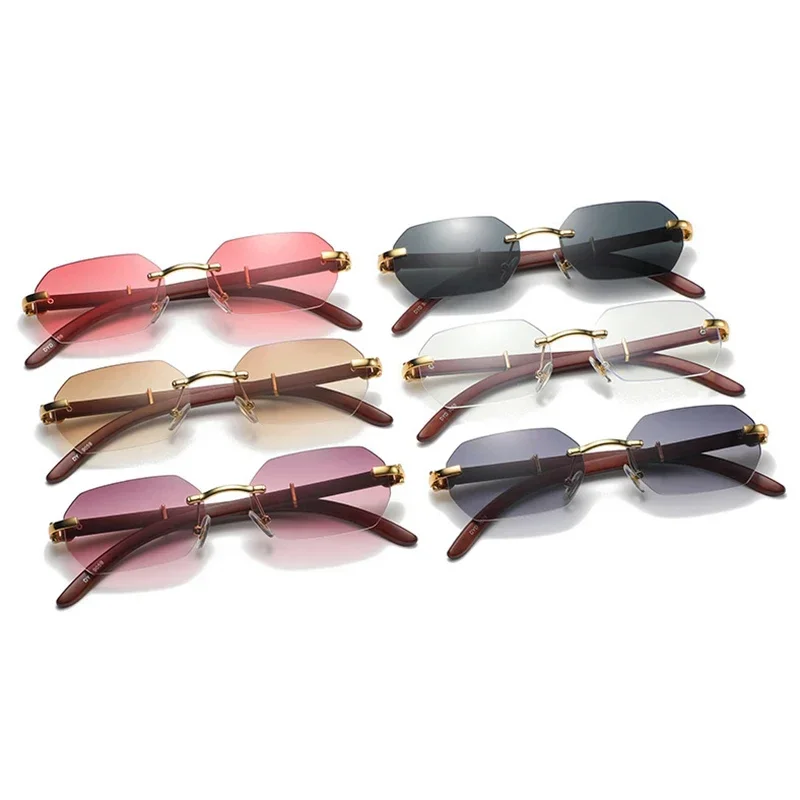 남성 여성을위한 트렌디 한 무테 선글라스 Frameless 직사각형 나무 프레임 선글라스 Retro Shades 여름 여행 안경 UV400