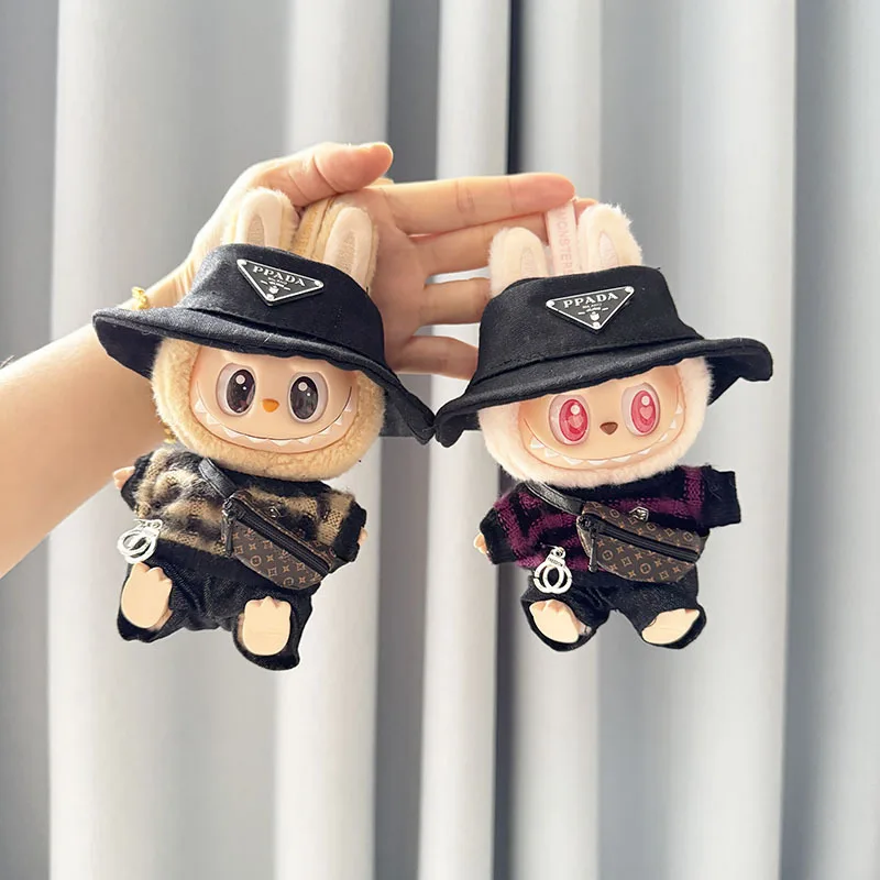15-17cm Labubu 블라인드 박스 키 체인 비닐 인형 스웨터 신발 모자 가방 세트 인형 럭셔리 의류 액세서리에 적합