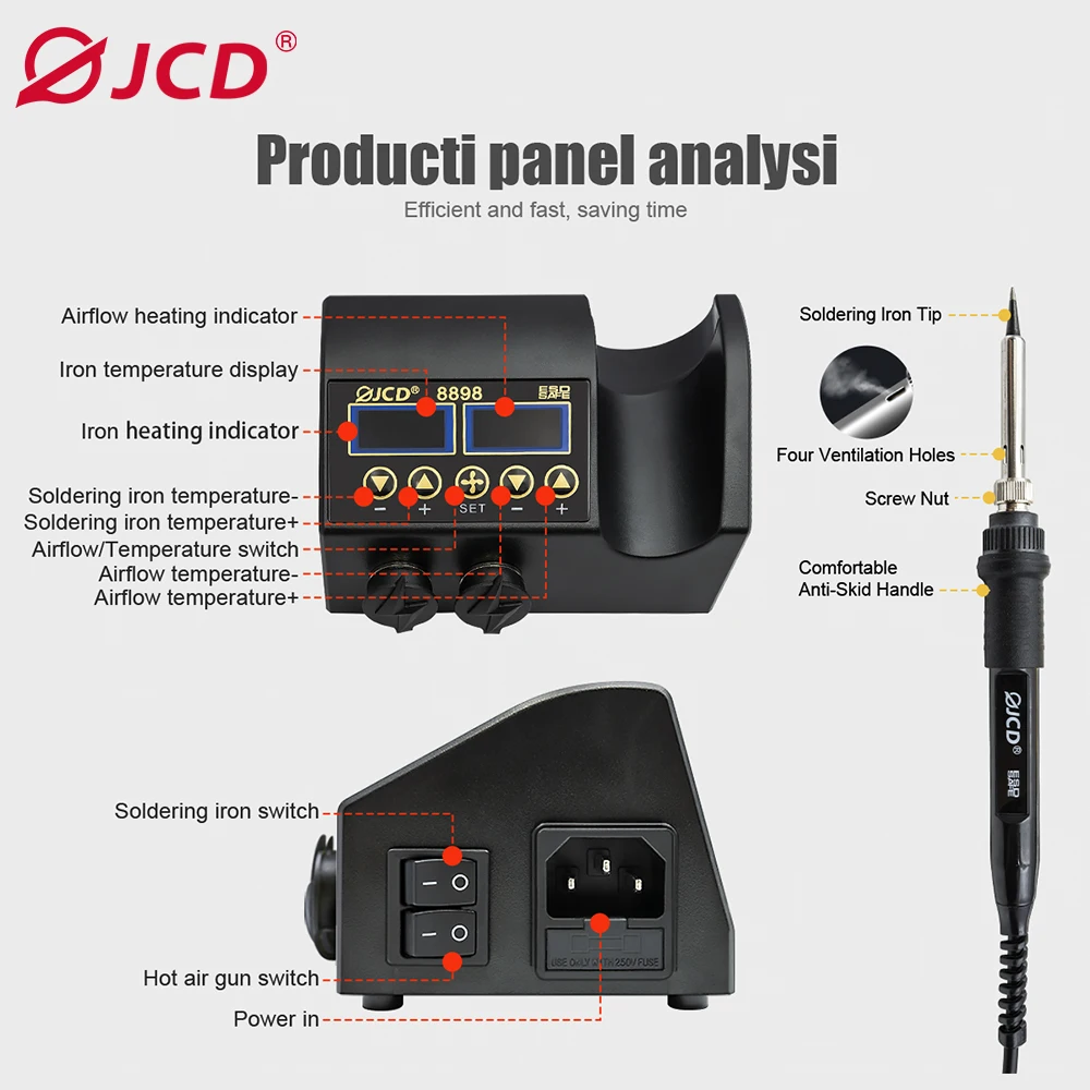 JCD 8898 납땜 스테이션 750W 2 in 1 납땜 인두 뜨거운 공기 총 재 작업 용접 스테이션 전화 BGA SMD 용접 수리 도구