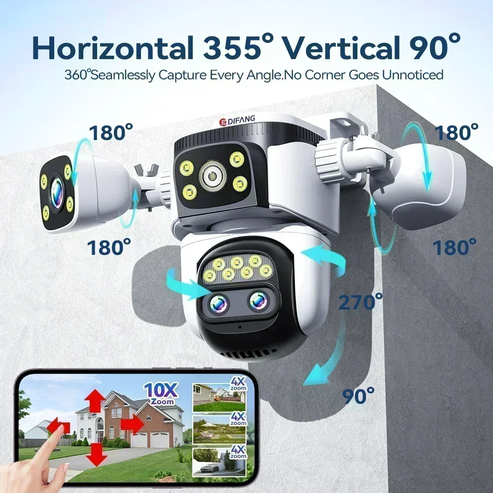 10K 20MP 홈 보안 WiFi 카메라 4렌즈 4화면 360 °   PTZ 10X 줌 CCTV 무선 감시 IP 캠 보안 보호