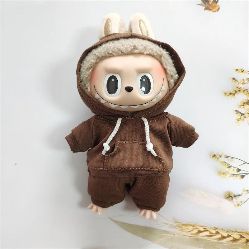 17cm Labubu 인형 옷 괴물 복장 액세서리 의류 DIY 어린이 선물 소녀 후드 티셔츠 바지 신발 흰색 E25V