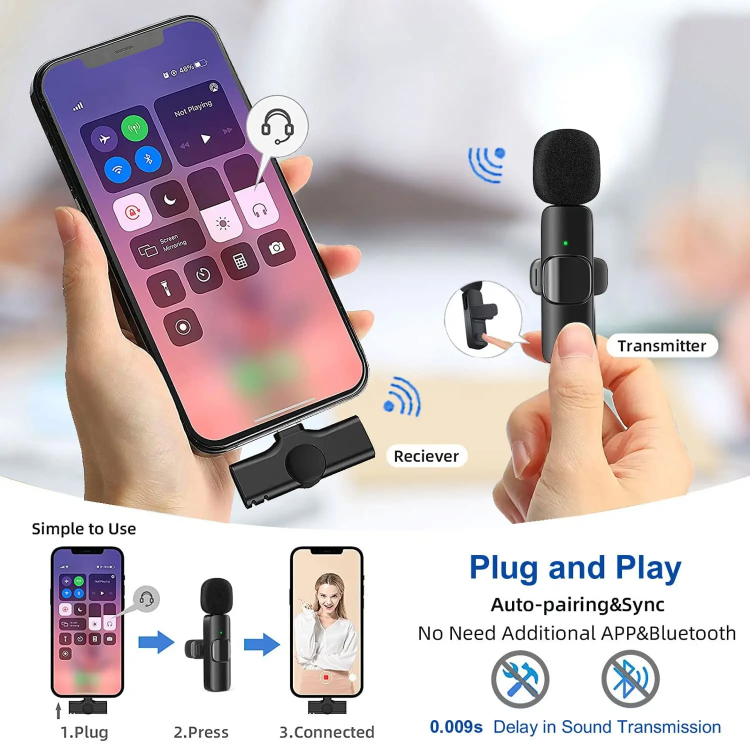 라 발리에 마이크 2.4G 무선 휴대용 오디오 비디오 녹화 iPhone 용 미니 마이크 안드로이드 라이브 방송 게임 전화