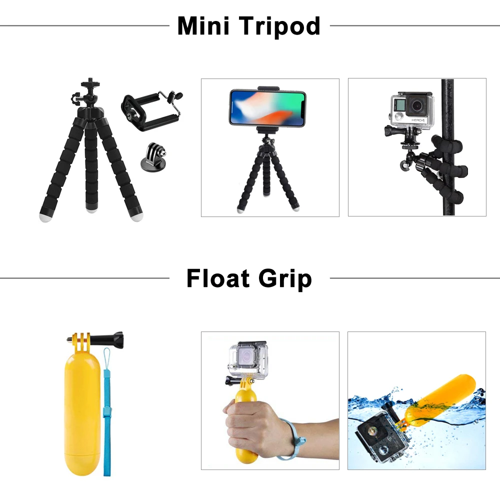 GoPro 액세서리 세트용 ORBMART Go Pro Hero 13 12 11 10 9 8 7 6 5 4 Sjcam 액션 카메라용 DJI Insta360용 블랙 마운트