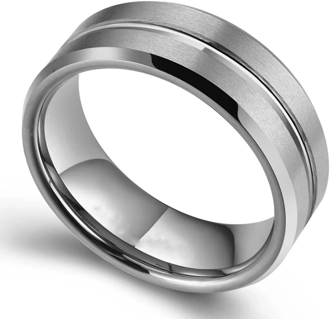 패션 8mm 남자 블랙 텅스텐 웨딩 밴드 반지 블랙 그루브 경 사진 가장자리 약혼 반지 남자 발렌타인 선물 쥬얼리