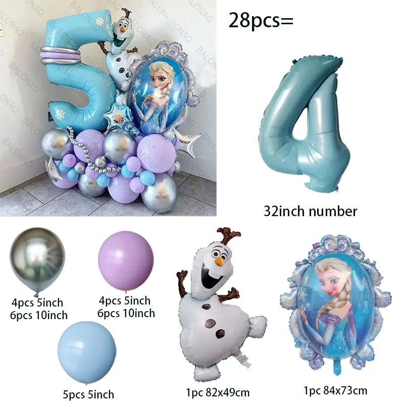 28pcs 냉동 공주 엘사 풍선 호일 글로브 소녀 생일 파티 베이비 샤워 장식 기념일 용품