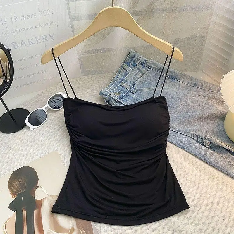 여름 캐미솔 탱크 탑 여성용 브래지어 스파게티 스트랩 탱크 조끼 민소매 티셔츠 크롭 탑 솔리드 컬러 캐주얼 탑
