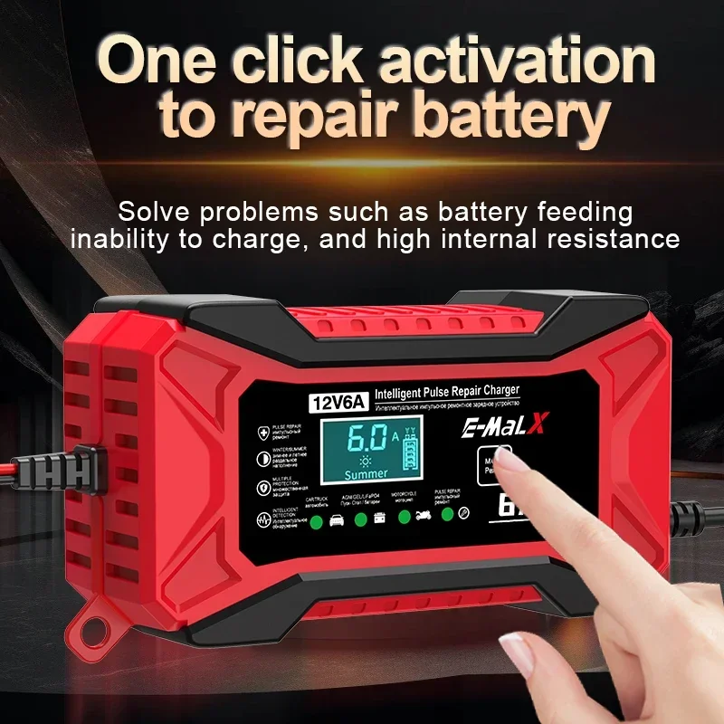 12V 6A 자동차 배터리 충전기 펄스 수리 LiFePO4 14.6V 스마트 빠른 충전 AGM 딥 사이클 젤 납산 충전기 자동 오토바이