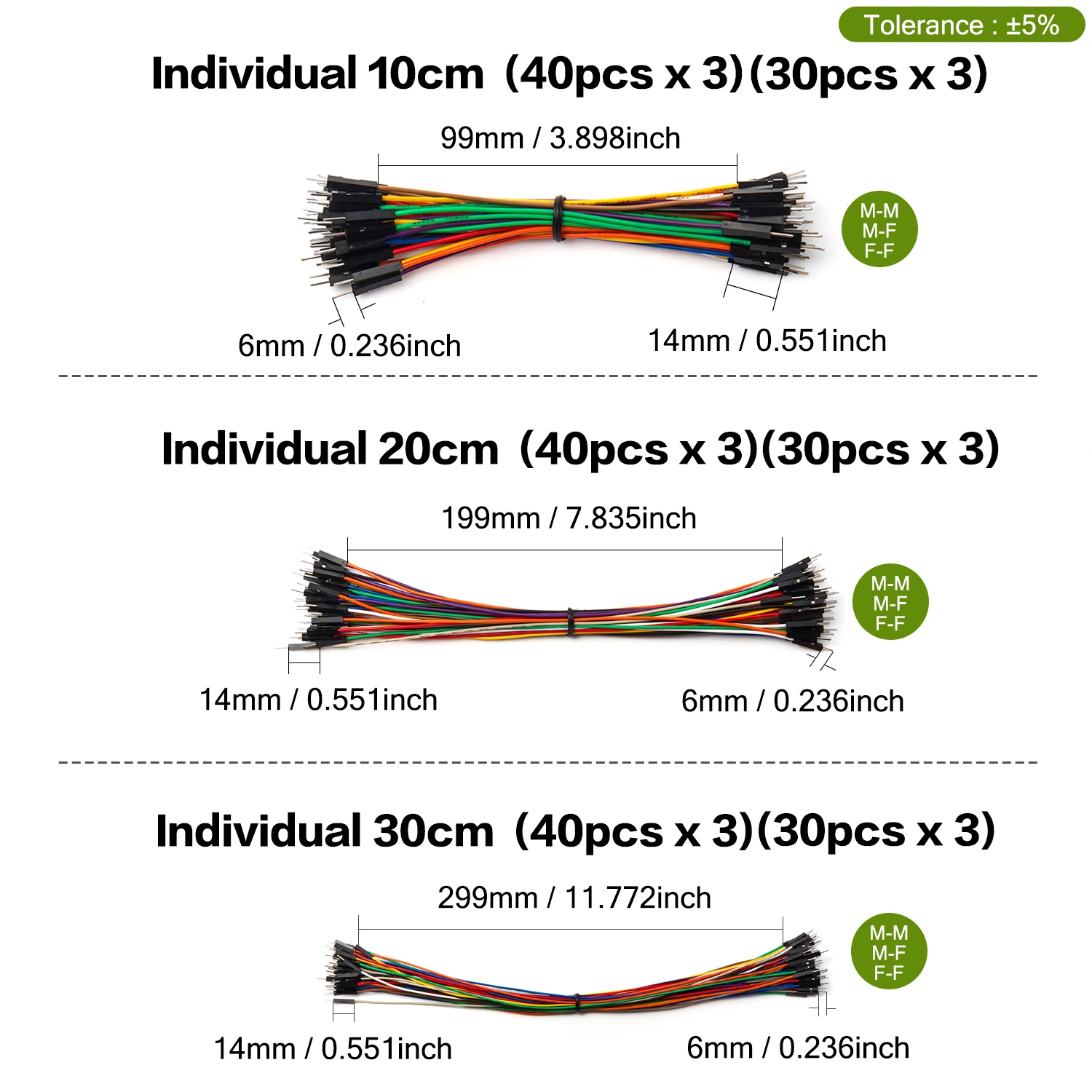 DIY 아두이노 브레드보드용 구리 점퍼 와이어 듀폰 케이블, 암수 24AWG 무납땜 유연한 라인 커넥터, 10cm, 20cm, 30cm