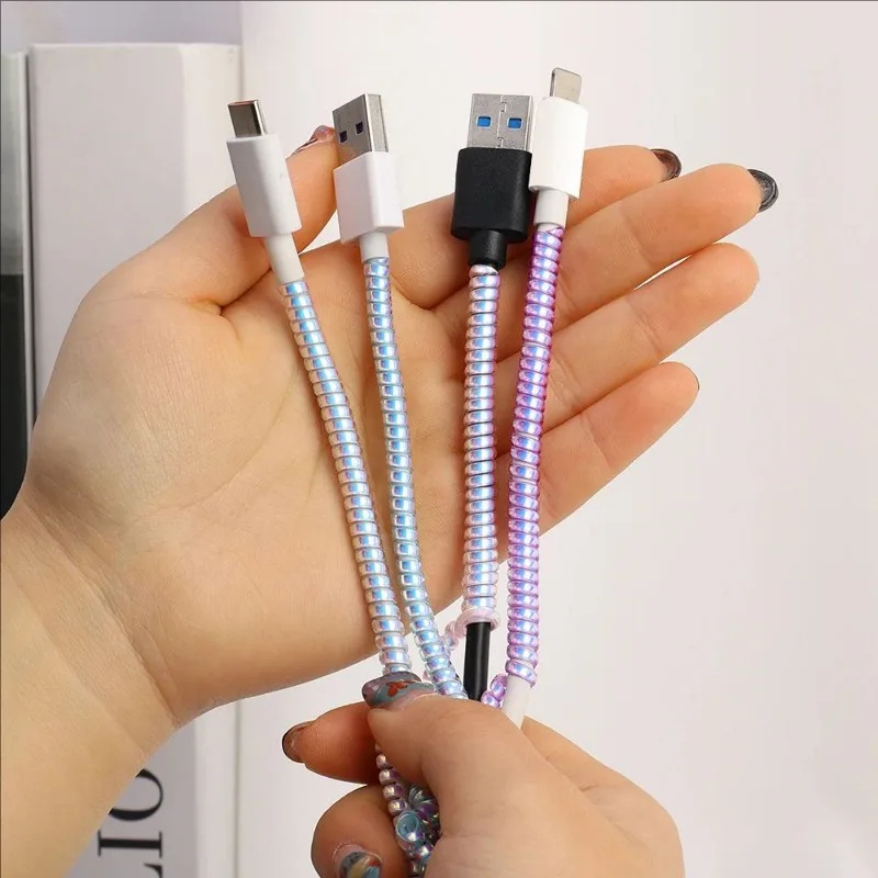 1.4m 다채로운 레이저 나선형 케이블 와인 더 주최자 USB 충전 데이터 라인 케이블 보호기 아이폰 삼성에 대한 와이어 코드 보호