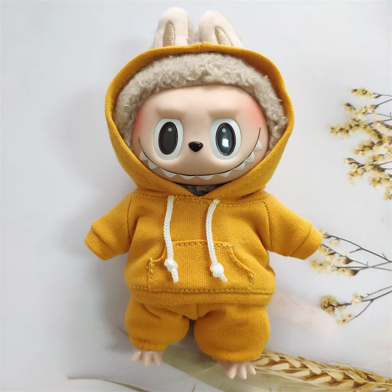 17cm Labubu 인형 옷 괴물 복장 액세서리 의류 DIY 어린이 선물 소녀 후드 티셔츠 바지 신발 흰색 E25V