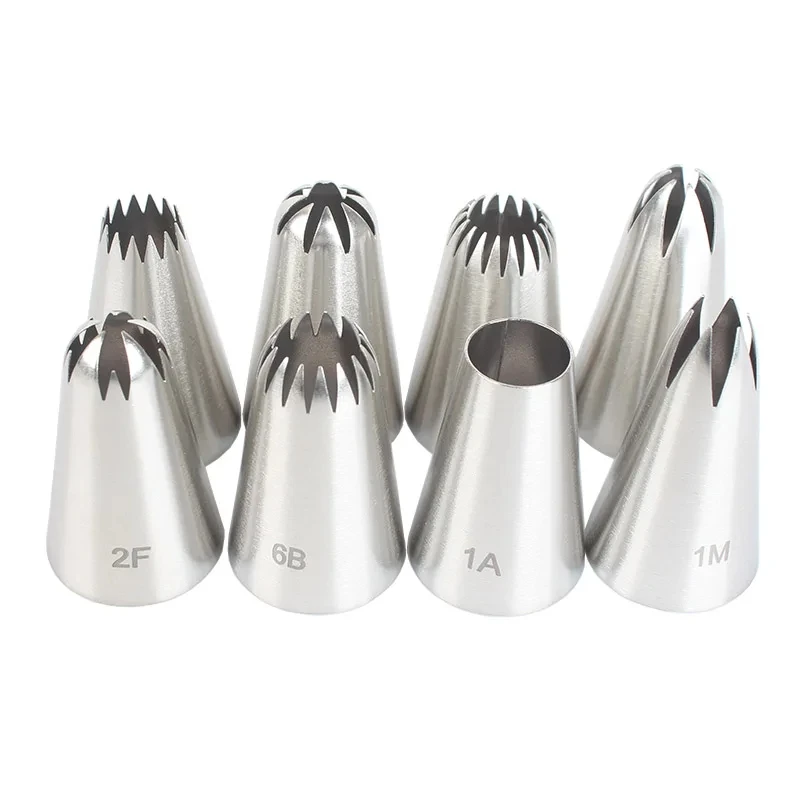 8pcs 파이프 노즐 세트 스테인레스 스틸 아이싱 노즐 크림 케이크 파이프 팁 디저트 비스킷 컵 케이크 주방 액세서리