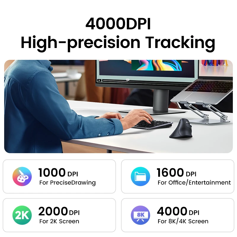 UGREEN 무선 버티컬 마우스, 맥북 태블릿 노트북 컴퓨터 PC 마우스용, 인체 공학적 4000DPI 6 음소거 버튼, 블루투스 5.0, 2.4G