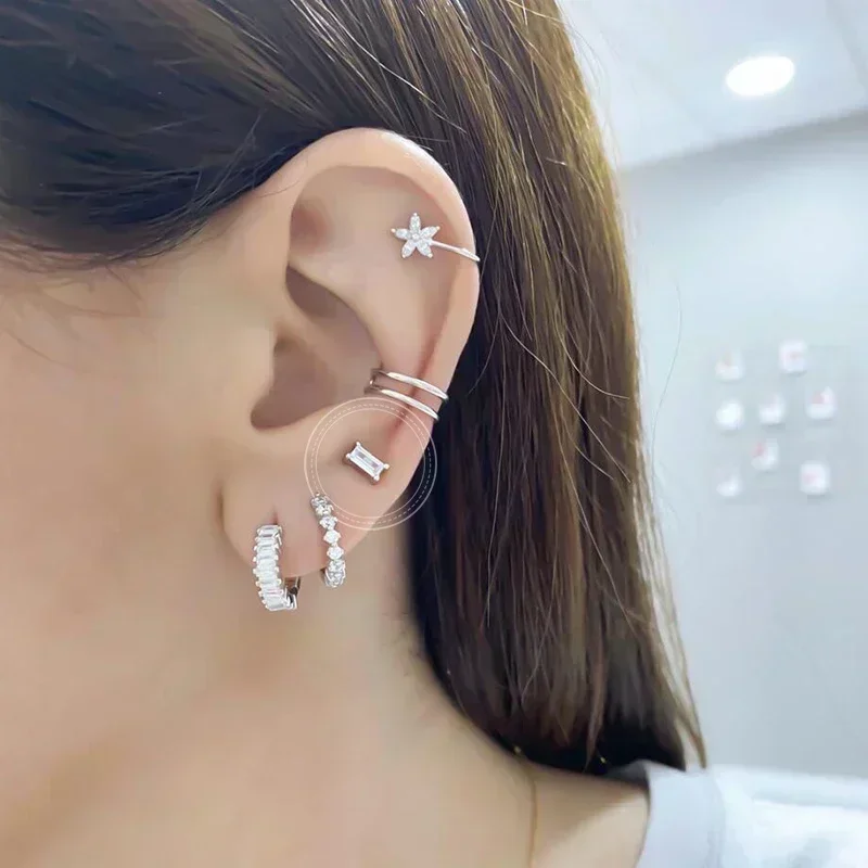 925 스털링 실버 귀 바늘 패션 후프 귀걸이 화이트 크리스탈 럭셔리 여성 실버 귀걸이 웨딩 여성 보석 선물