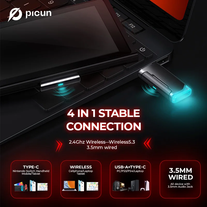Picun G2 2.4G 무선 게임용 헤드셋 Bluetooth 헤드폰 5ms 낮은 대기 시간 7.1 PC PS4 PS5 전화 스위치 용 서라운드 ENC 마이크