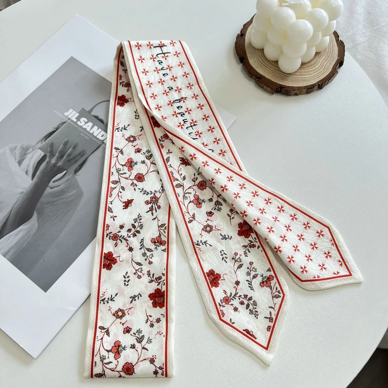 패션 Floret 인쇄 Hairband 실크 새틴 가방 스카프 여성을위한 스키니 긴 손목 리본 목 스카프 여성을위한 헤어 스카프