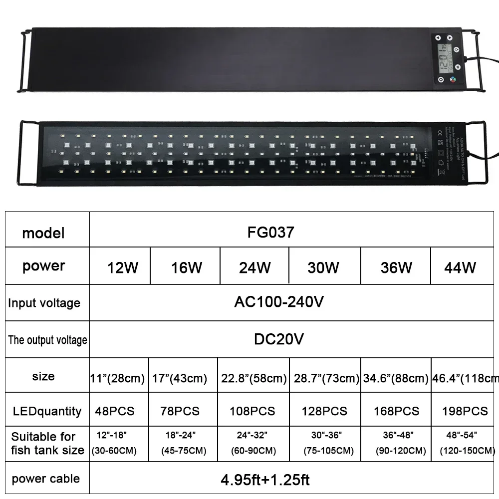 어항 24/7 풀 스펙트럼 LED 조명, 30-60cm, 수족관 장식, 수생 식물 성장 램프, IP68 방수 100V-240V