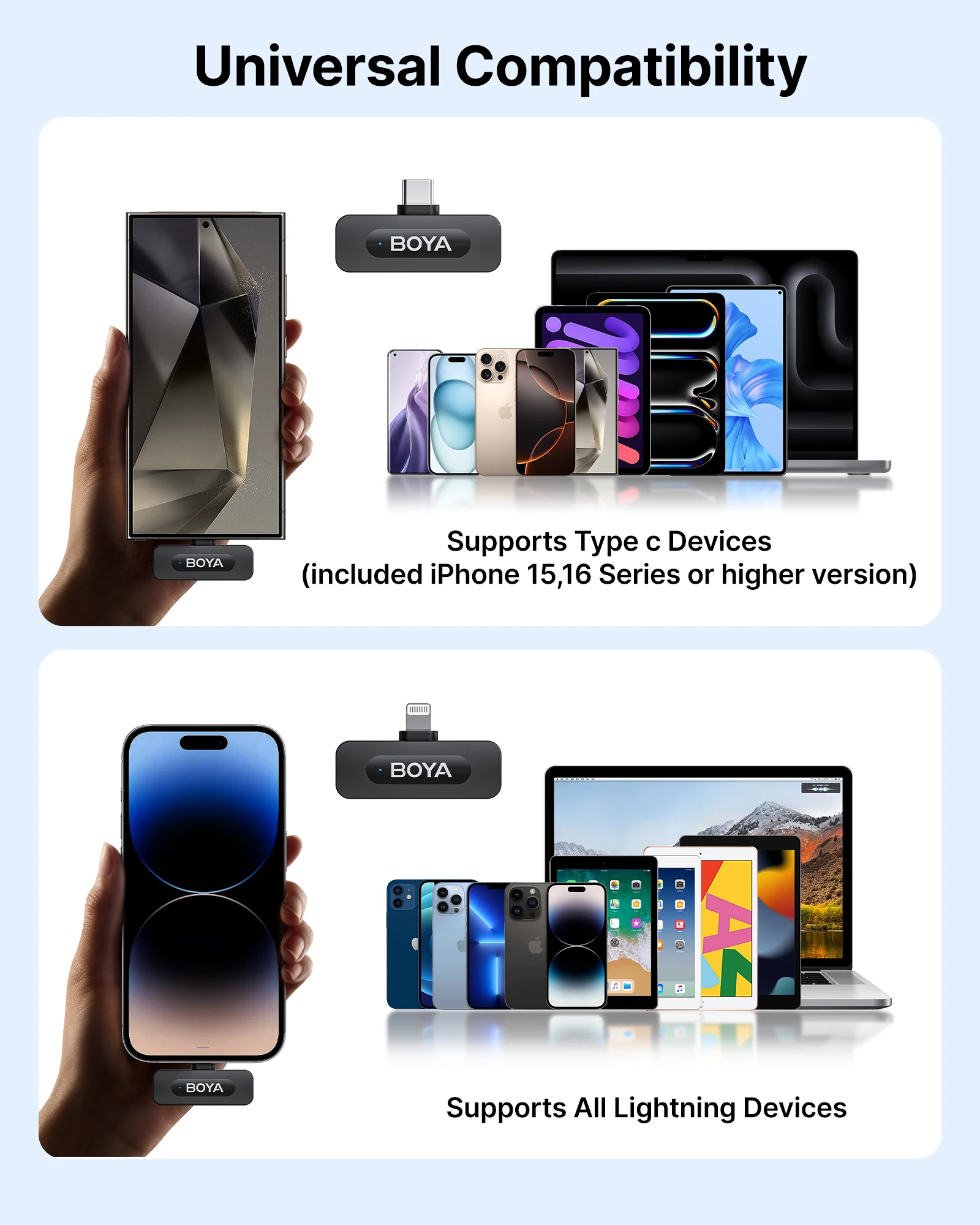 BOYA BY-V3 무선 라발리에 옷깃 마이크 iPhone 안드로이드 카메라 라이브 스트리밍 블로깅용 소음 제거 충전식 마이크