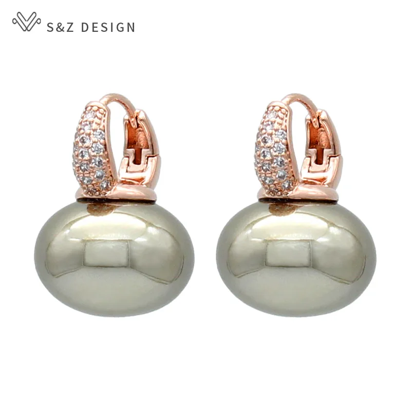 S & Z 디자인 여성을위한 새로운 패션 빵 라운드 큰 진주 매달려 귀걸이 웨딩 쥬얼리 선물 기질 큐빅 지르코니아 귀고리