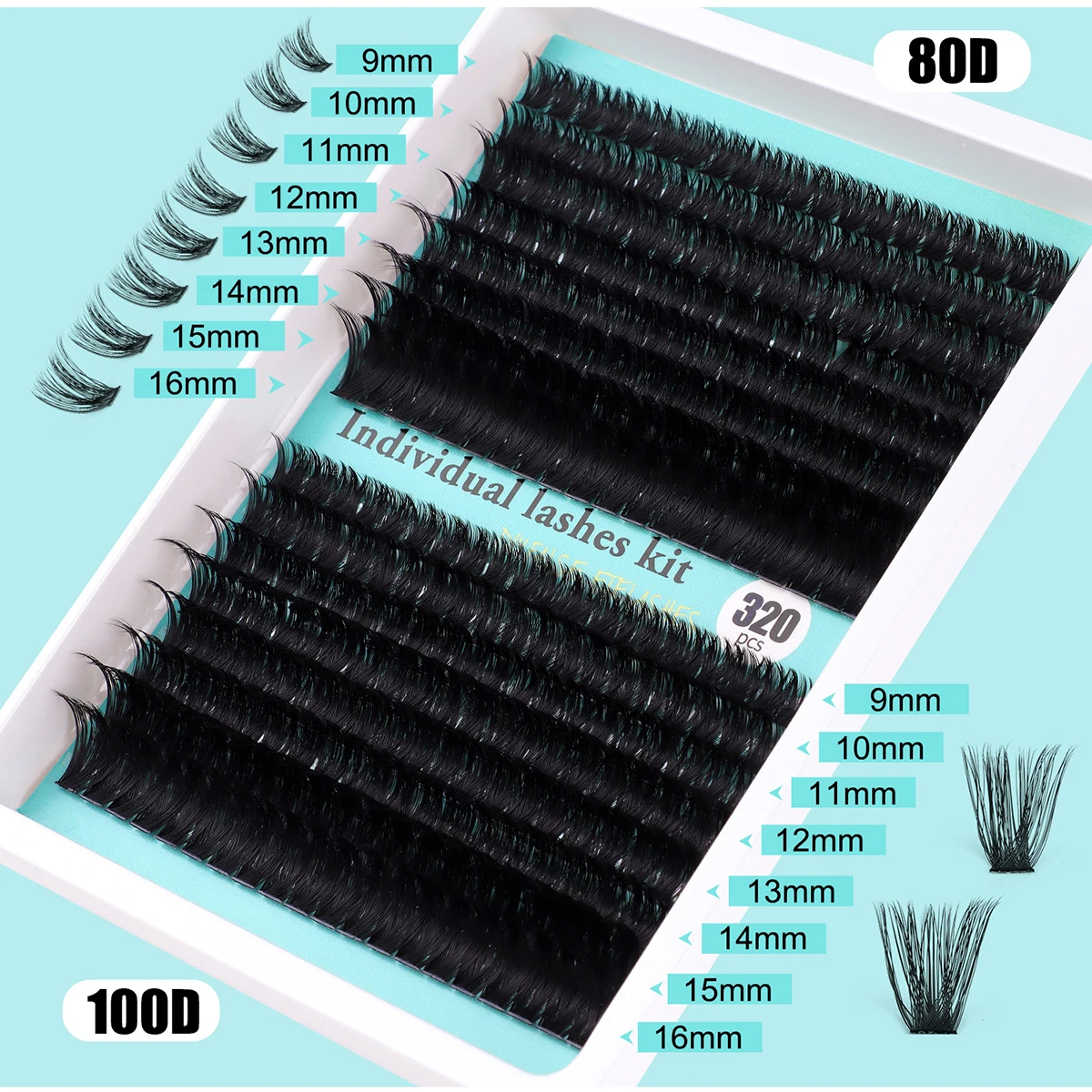 개별 속눈썹 20-100D 280pcs 클러스터 속눈썹 자연 모양 혼합 트레이 DIY 속눈썹 확장 볼륨 속눈썹 클러스터 속눈썹