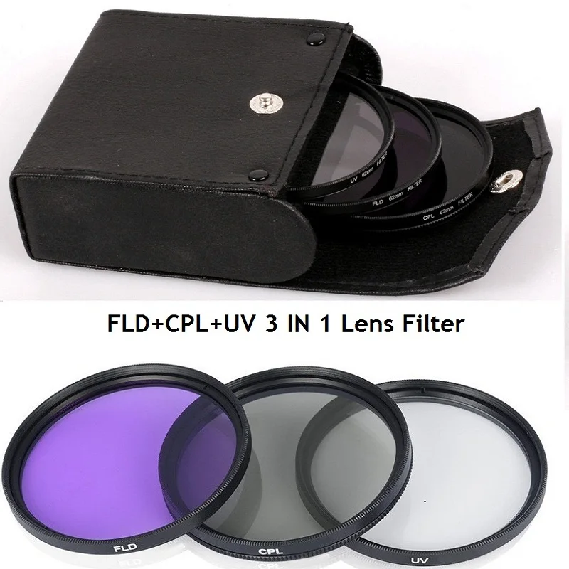 49MM 52MM 55MM 58MM 62MM 67MM 72MM 77MM UV + CPL + FLD 3 in 1 렌즈 필터 세트 (캐논 니콘 소니 펜탁스 카메라 렌즈 용 가방 포함)
