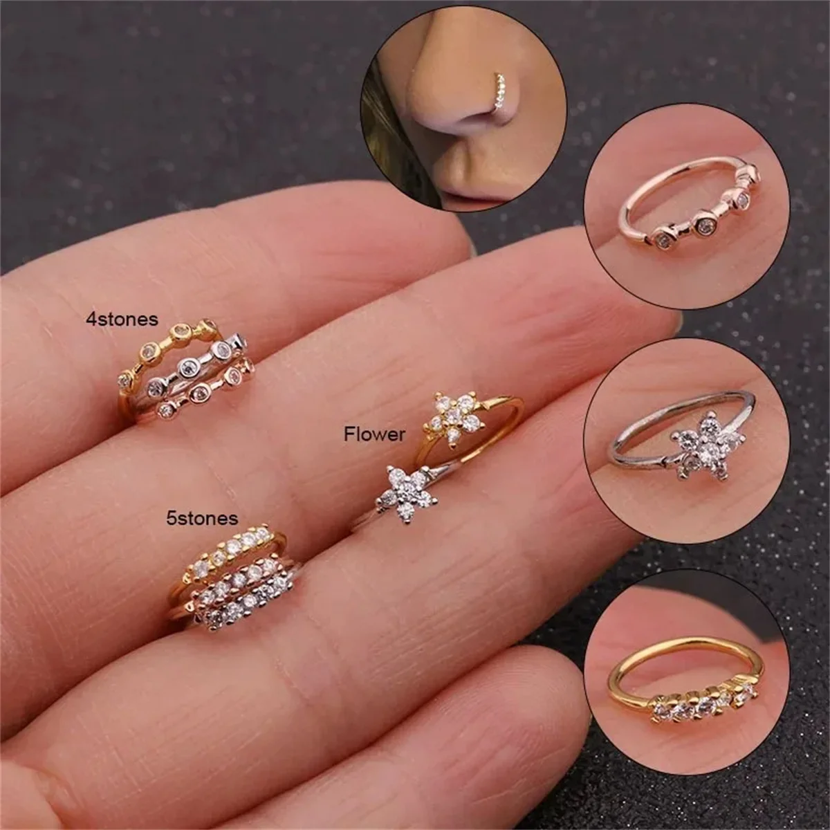 3pcs 지르콘 코 링 콧 구멍, 조정 가능한 꽃 후프 링 Tragus 귀 연골 귀걸이 저자 극성 코 피어싱 쥬얼리