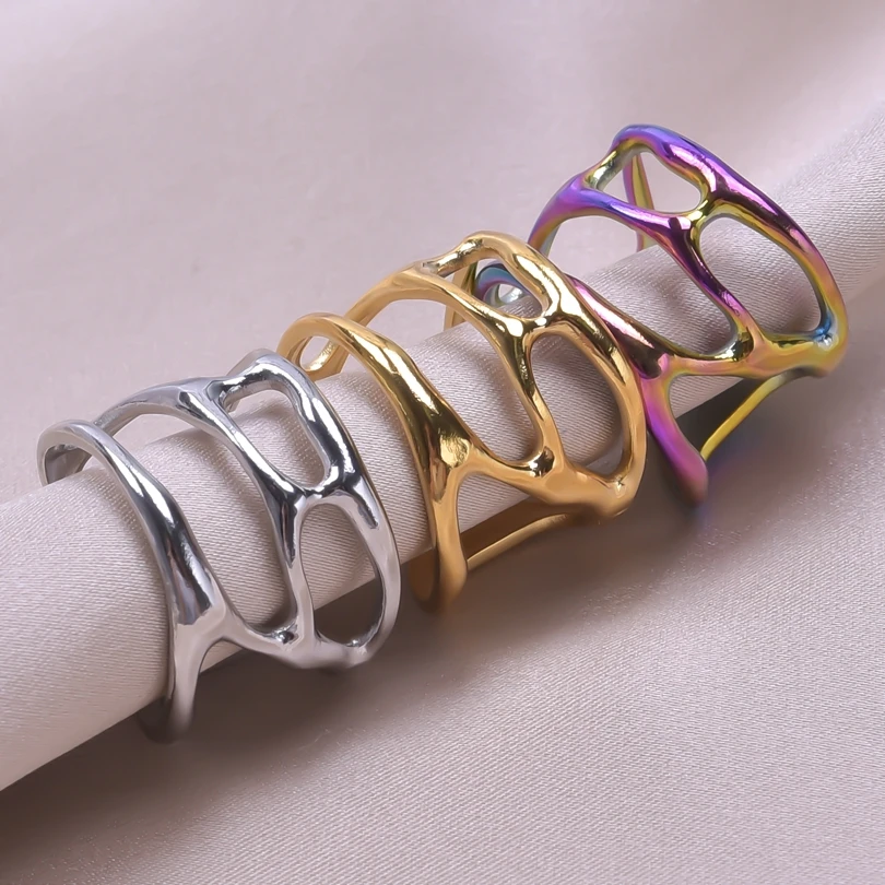 1Pc 스테인레스 스틸 방수 여성 성격 질감 Chunky 오픈 반지 빈티지 중공 불규칙한 다층 Anillos 쥬얼리