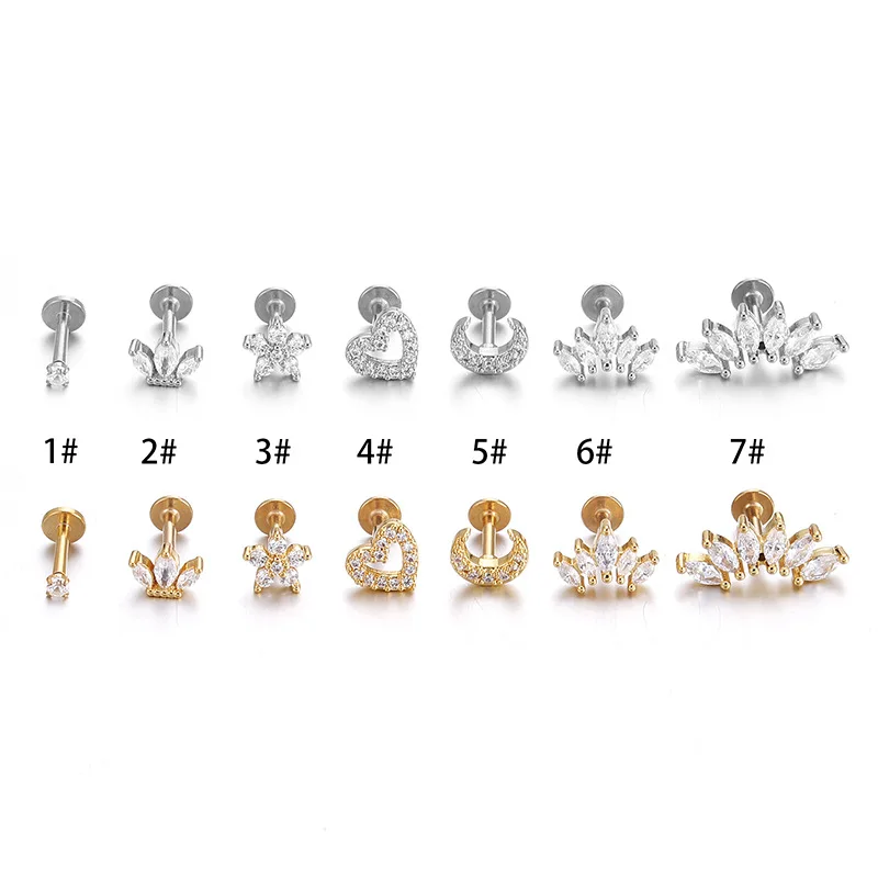 1 조각 1.2mm 하트 플라워 크라운 연골 귀걸이 스테인레스 스틸 지르콘 조가비 루크 Tragus 스터드 Labret 백 피어싱 쥬얼리