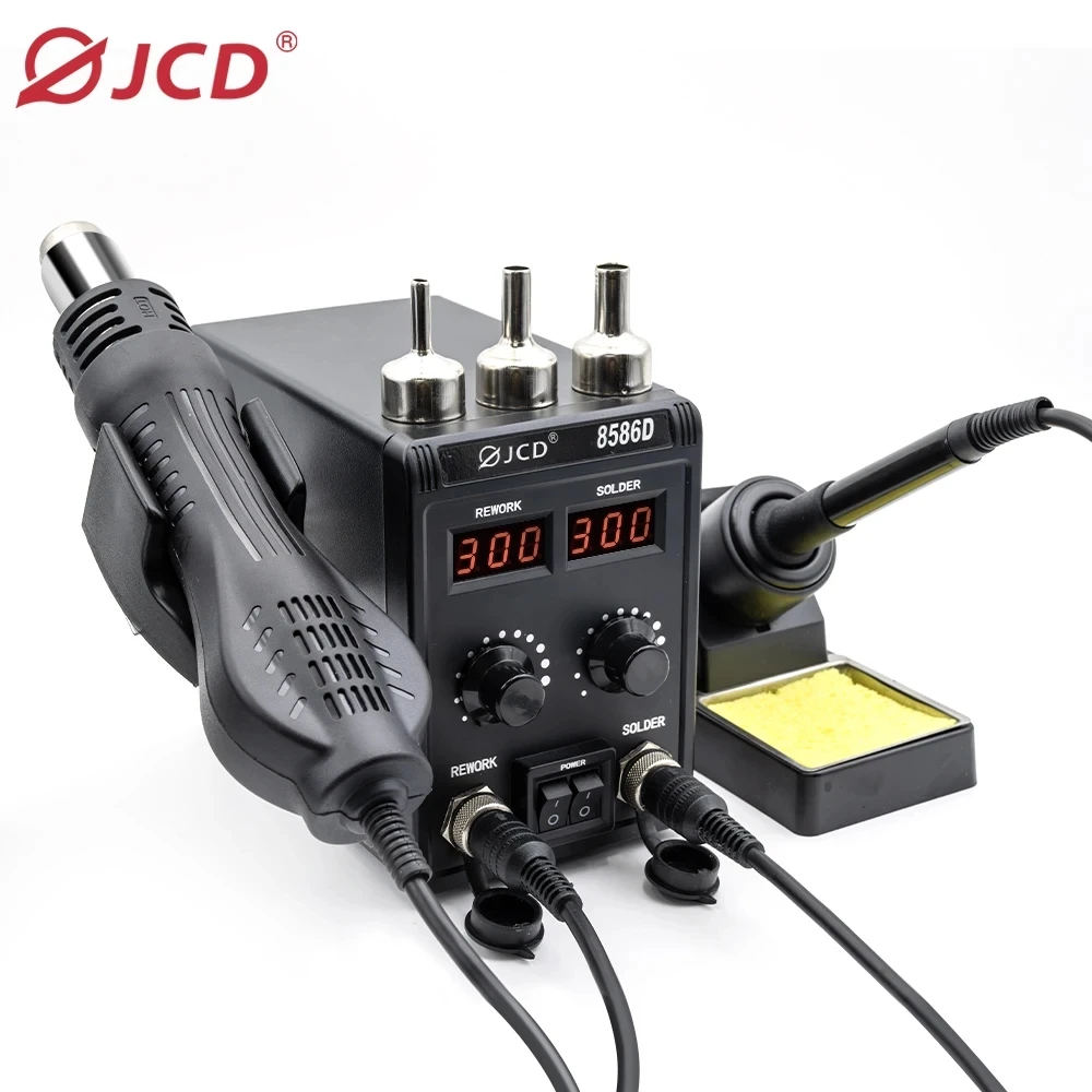 JCD 8586D 납땜 스테이션 2 IN 1 750W 뜨거운 공기 총 LCD 듀얼 디지털 디스플레이 전기 납땜 인두 SMD 용접 재 작업 스테이션