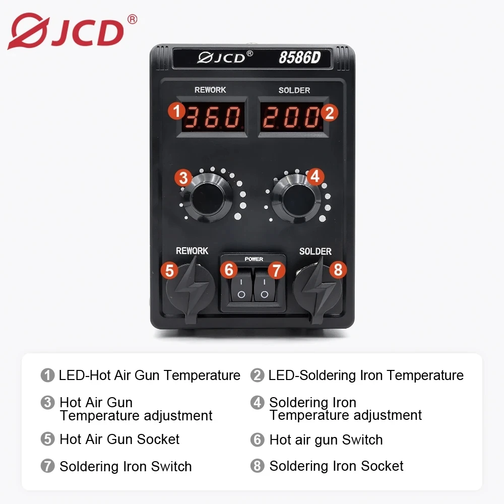 JCD 8586D 납땜 스테이션 2 IN 1 750W 뜨거운 공기 총 LCD 듀얼 디지털 디스플레이 전기 납땜 인두 SMD 용접 재 작업 스테이션