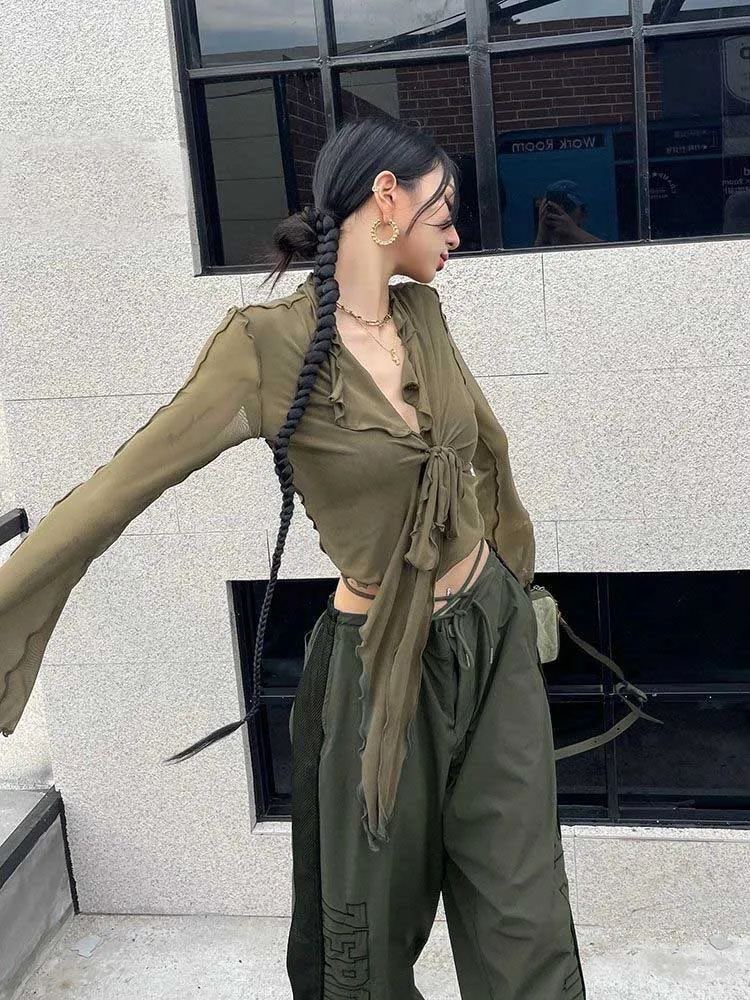 여성용 긴 플레어 소매 블라우스, 레이스업 메쉬, 섹시한 스위트 핫 걸스, 한국 패션 스타일, 올 매치 솔리드 디자인, 우아한 캐주얼