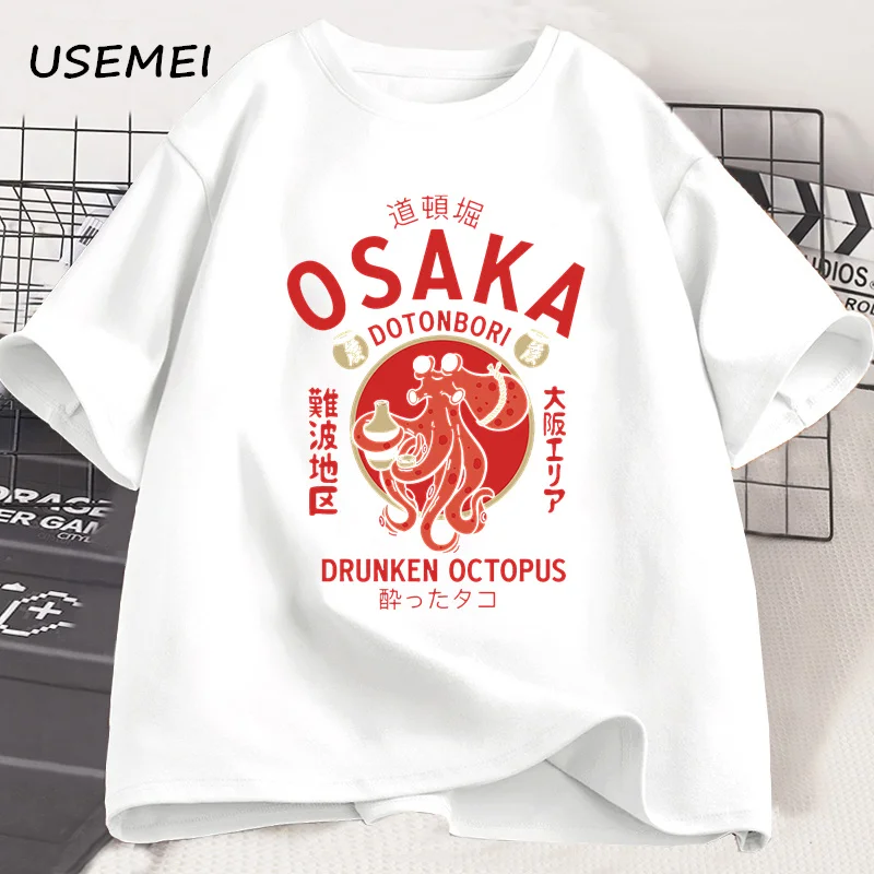 오사카 도톤보리 술취한 문어 그래픽 T 셔츠 일본식 길거리 음식 애호가 Tshirt 코튼 빈티지 반소매 티셔츠