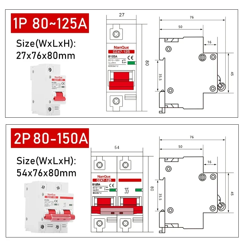 DC MCB 12V 24V 48V 60V 110V 회로 차단기 배터리 보호 스위치 포지티브 네거티브 단락 회로 2P 10A 20A 50A 100A 125A 150A