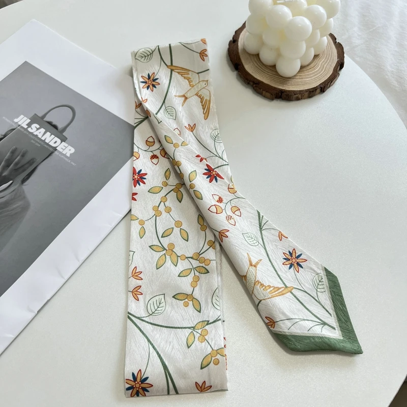 패션 Floret 인쇄 Hairband 실크 새틴 가방 스카프 여성을위한 스키니 긴 손목 리본 목 스카프 여성을위한 헤어 스카프