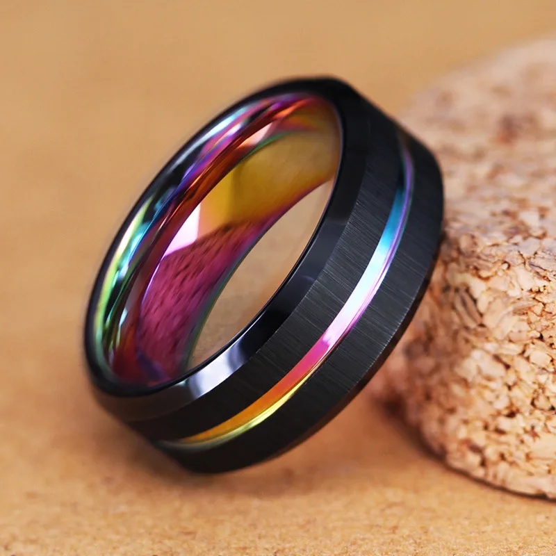 패션 8mm 남자 블랙 텅스텐 웨딩 밴드 반지 블랙 그루브 경 사진 가장자리 약혼 반지 남자 발렌타인 선물 쥬얼리