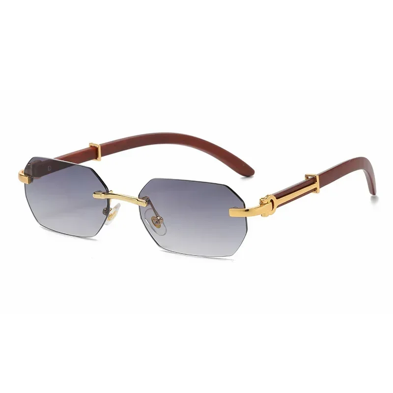 남성 여성을위한 트렌디 한 무테 선글라스 Frameless 직사각형 나무 프레임 선글라스 Retro Shades 여름 여행 안경 UV400