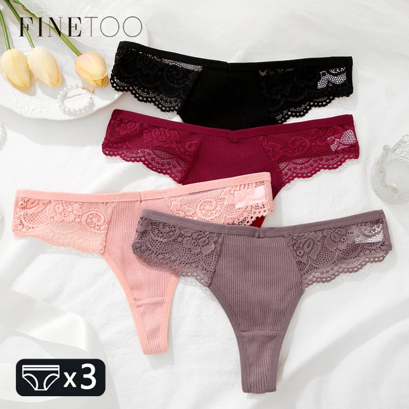 FINETOO 여성용 코튼 속옷 레이스 끈 팬티, 섹시한 단색 로우 웨이스트 비키니 팬티, 통기성 G 스트링 란제리, 3 개 title=FINETOO 여성용 코튼 속옷 레이스 끈 팬티, 섹시한 단색 로우 웨이스트 비키니 팬티, 통기성 G 스트링 란제리, 3 개 