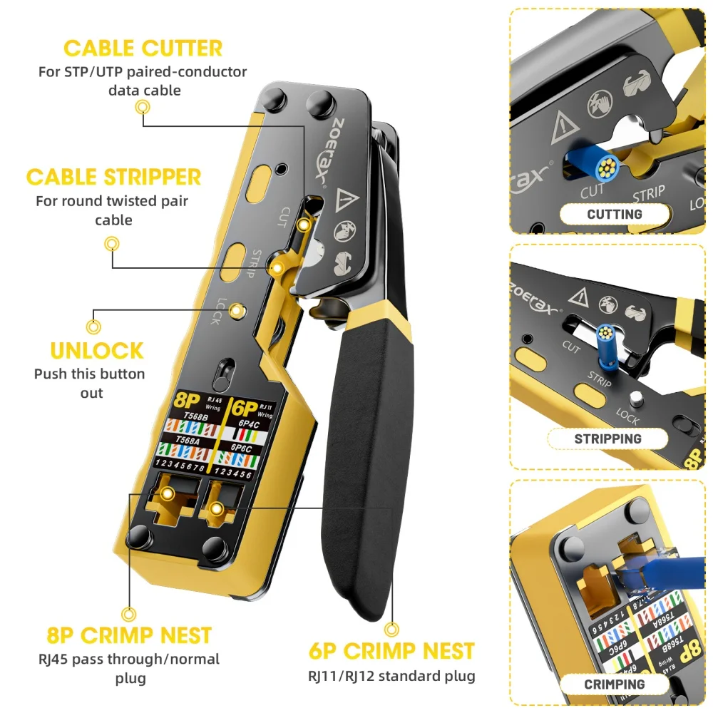 ZoeRax RJ45 압착 도구 Cat6 Cat5 Cat5e 8P8C 모듈러 커넥터 이더넷 올인원 와이어 도구 용 크림 퍼 커터 통과