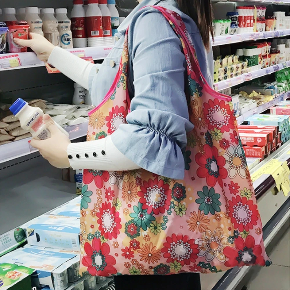 큰 친환경 접이식 쇼핑백 재사용 가능한 휴대용 숄더 핸드백 여행 식료품 패션 포켓 토트 무거운 보관 가방