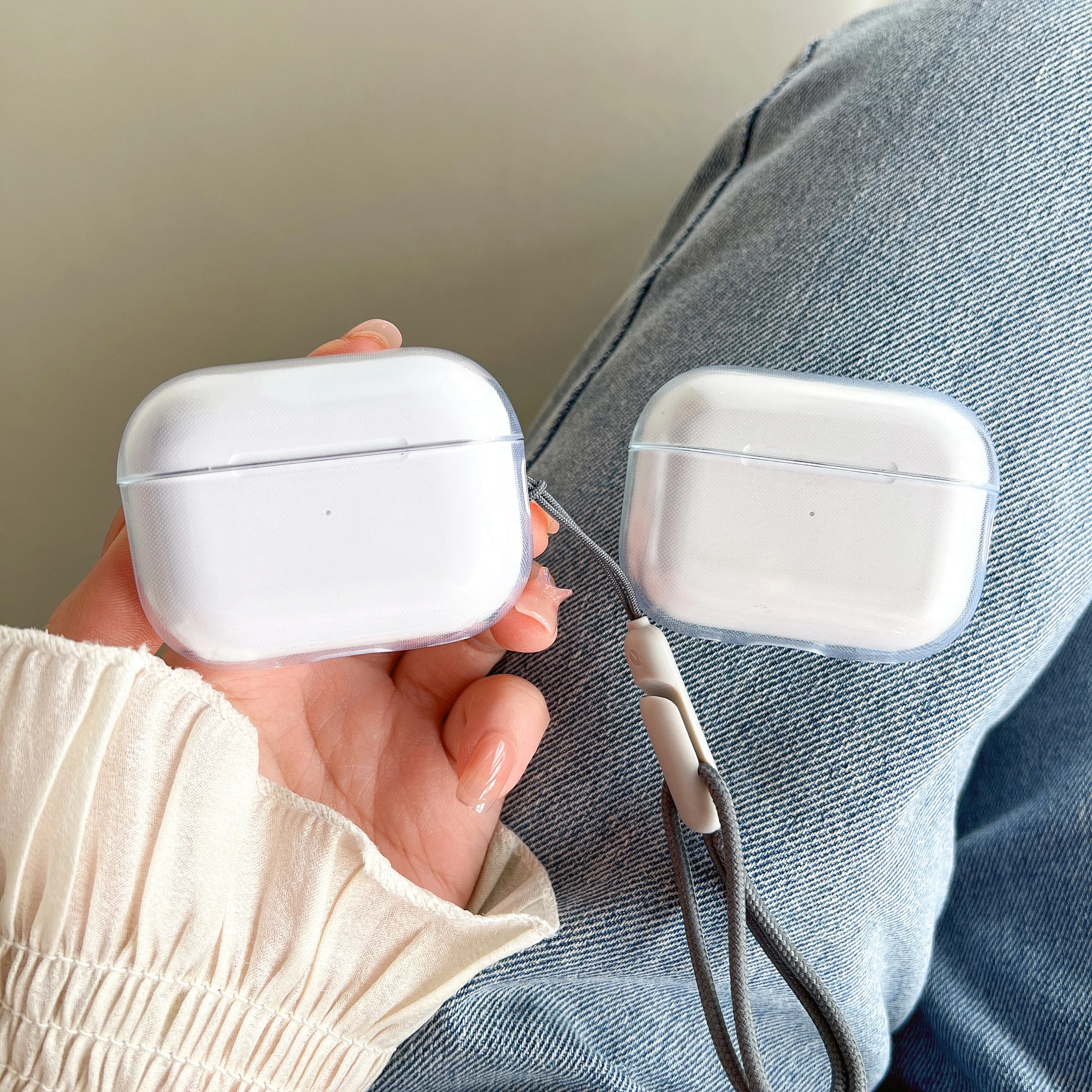 Airpods 용 투명 소프트 TPU 이어폰 케이스 4 3 2 1 Pro Pro2 Airpods 4 충전 케이스 커버 용 끈 스트랩이있는 충격 방지