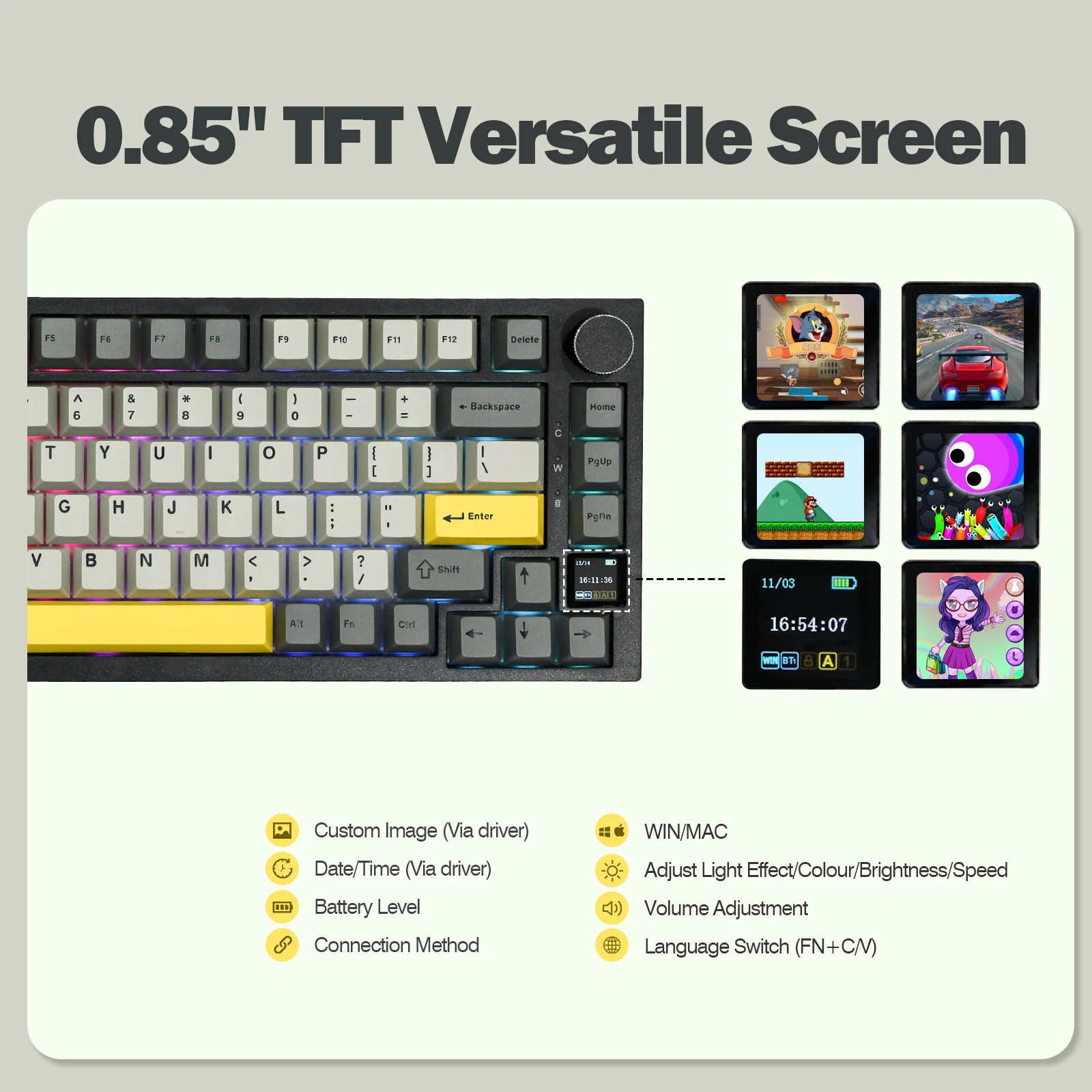 Ajazz 75% 개스킷 장착 블루투스 5.1, 2.4G 무선, C 타입 유선 기계식 키보드, Mac/Win용 TFT 스크린 포함, AK820 Pro