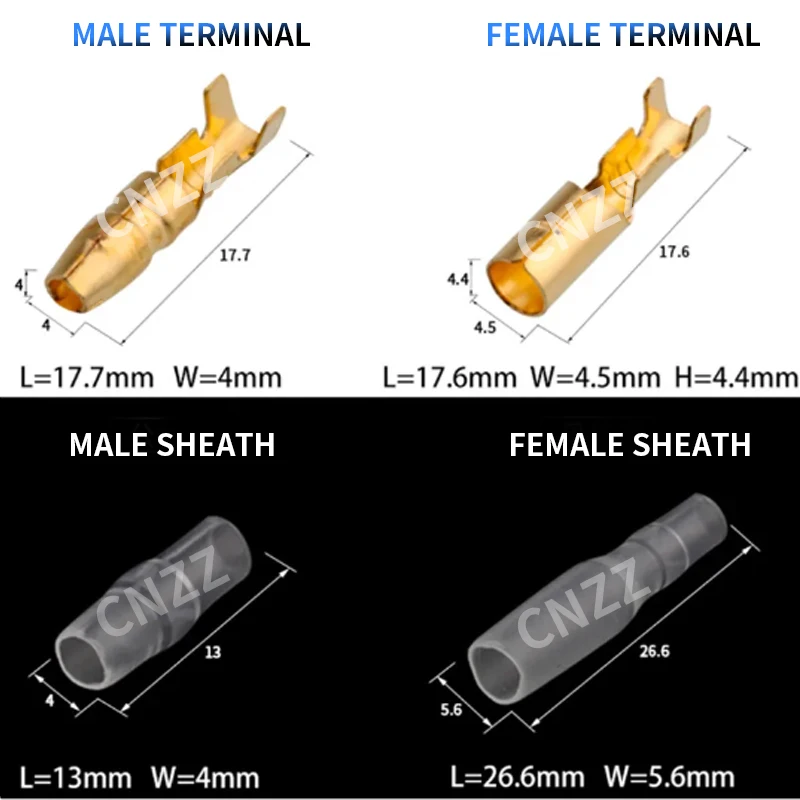 25 50sets 4.0mm 총알 압착 단자 자동차 전기 와이어 커넥터 직경 암 + 수 + 외장 케이스 냉간 압착 단자 1in2out