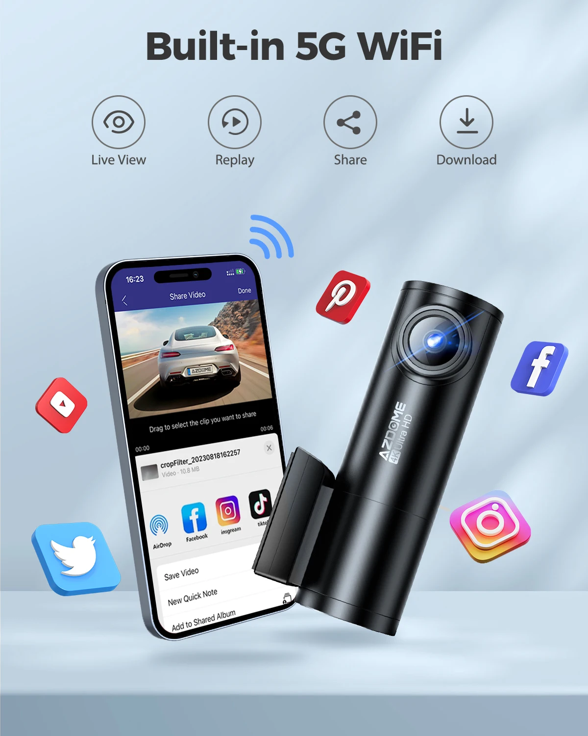 AZDOME M300S 4K 대시 캠 전면 및 후면, 자동차용 5.8G WiFi GPS 대시 카메라, 무료 64GB SD 카드, 음성 제어, WDR 야간 투시경