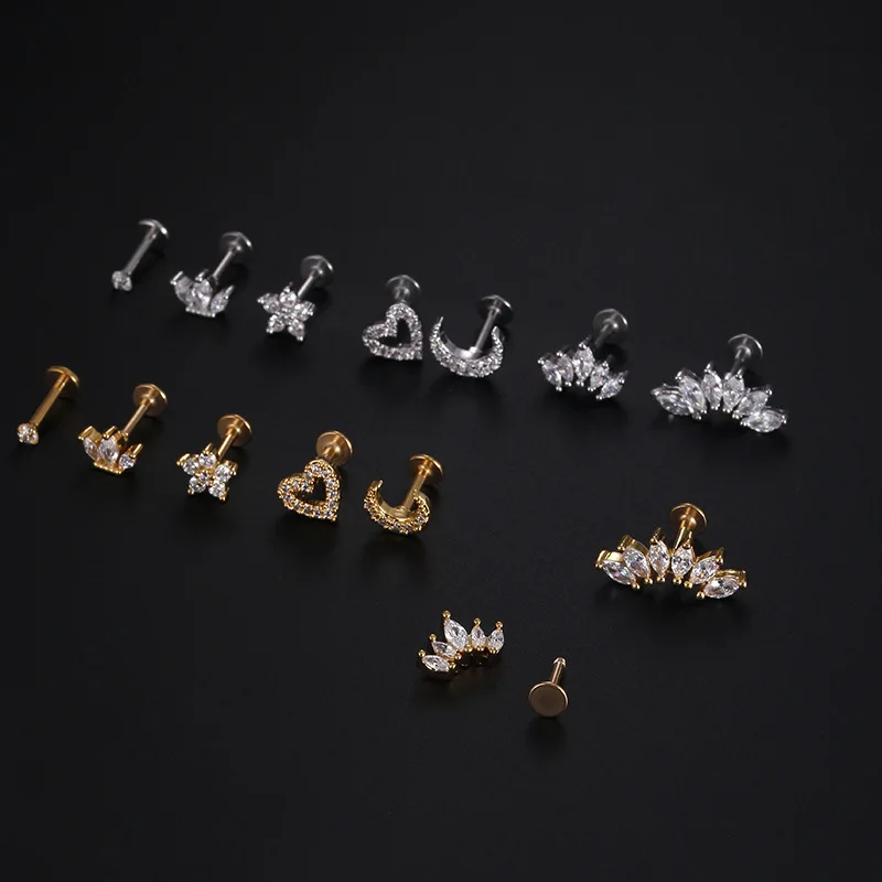 1 조각 1.2mm 하트 플라워 크라운 연골 귀걸이 스테인레스 스틸 지르콘 조가비 루크 Tragus 스터드 Labret 백 피어싱 쥬얼리