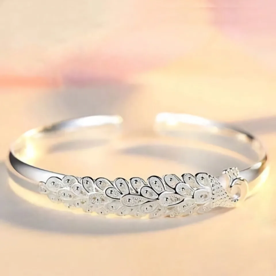 여성을위한 새로운 925 스털링 실버 우아한 공작 오프닝 스크린 팔찌 Bangles 패션 파티 웨딩 액세서리 보석 선물