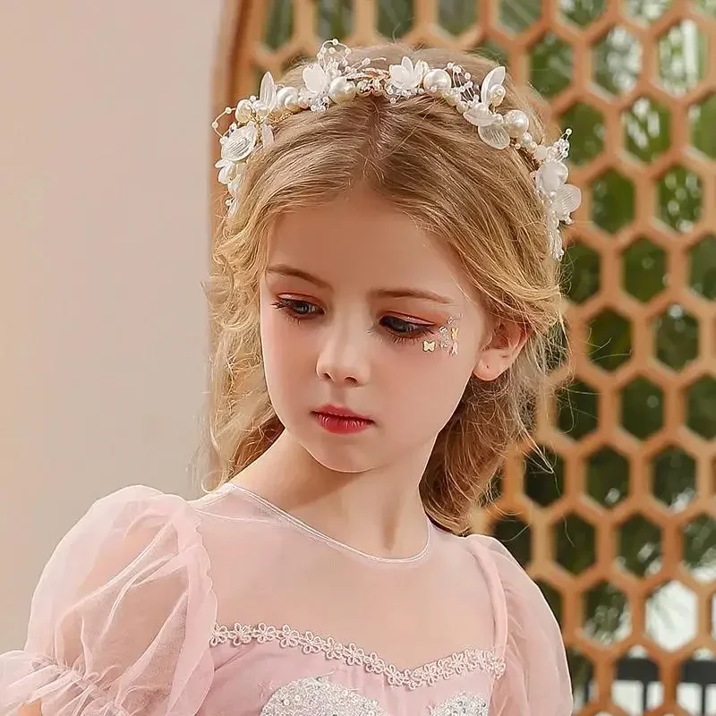 어린이 모자를 쓰고 있죠 우아한 꽃 화환 요정 크라운 머리띠 공주 어린이 머리 생일 공연 활주로 액세서리