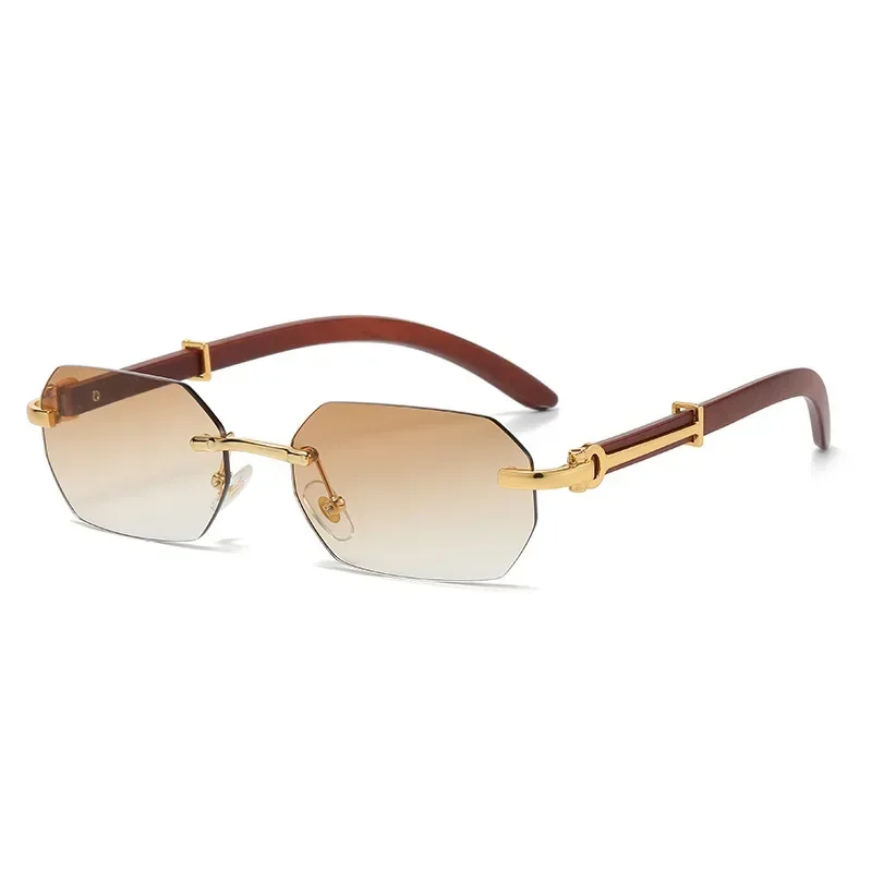 남성 여성을위한 트렌디 한 무테 선글라스 Frameless 직사각형 나무 프레임 선글라스 Retro Shades 여름 여행 안경 UV400