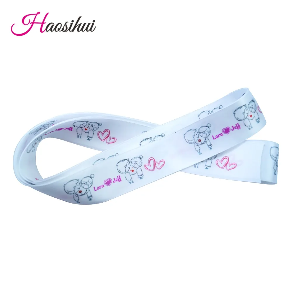 HAOSIHUI 사용자 정의 새틴 리본 맞춤형 로고 인쇄 단일 얼굴 10 ~ 50 ~ 100 야드 폴리 에스터 선물 웨딩 생일 DIY 테이프