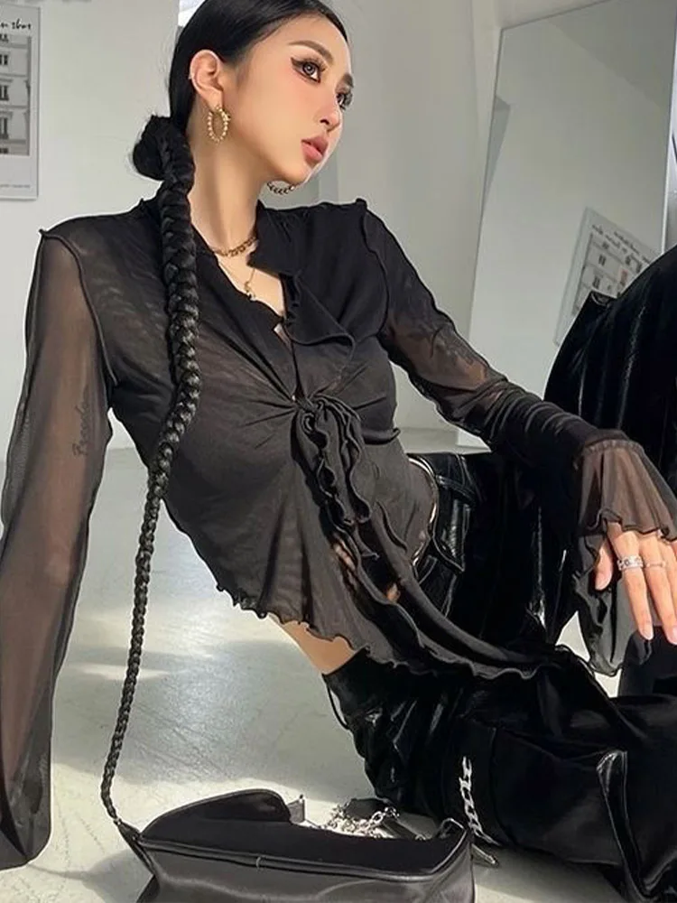 여성용 긴 플레어 소매 블라우스, 레이스업 메쉬, 섹시한 스위트 핫 걸스, 한국 패션 스타일, 올 매치 솔리드 디자인, 우아한 캐주얼