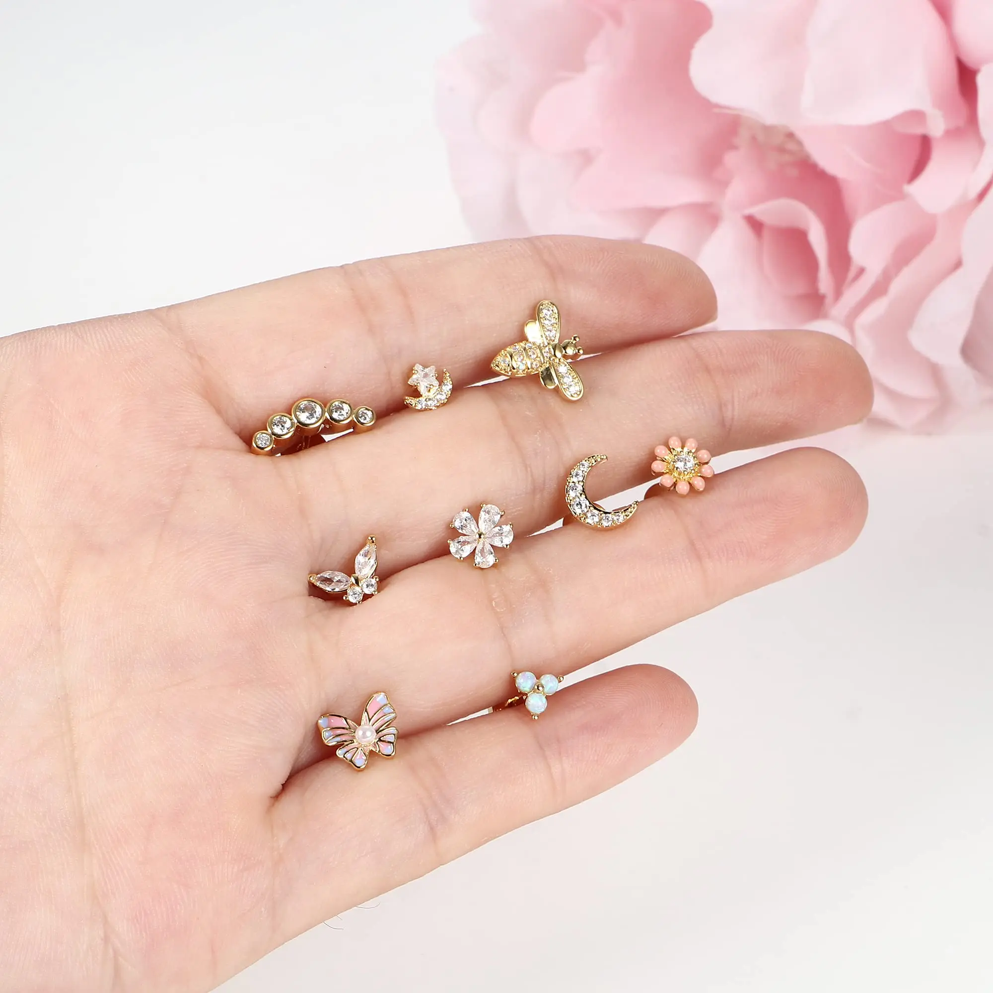 Drperfect 1pc 연골 귀걸이 스터드 여성용 외과 강철 플랫 백 귀걸이 나비 꽃 Tragus Helix 피어싱 쥬얼리